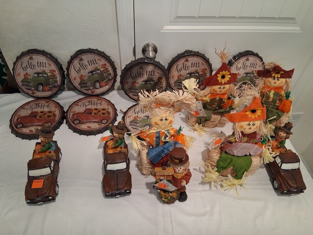 Huge 16pc Fall Autumn Decor Lot Scarecrow Truck Tractor Bottle Cap Signs Publix